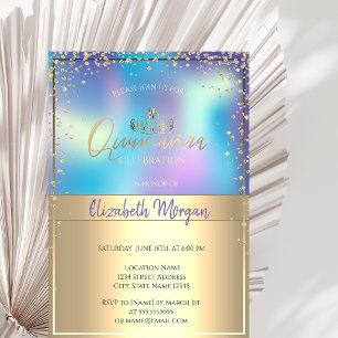Convite Tiara Holográfica Dourada Chic, Quinceañera Diaman