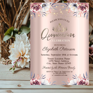 Convite Tiara, Luzes de Corda Floral Rosa Dourado Quinceañ