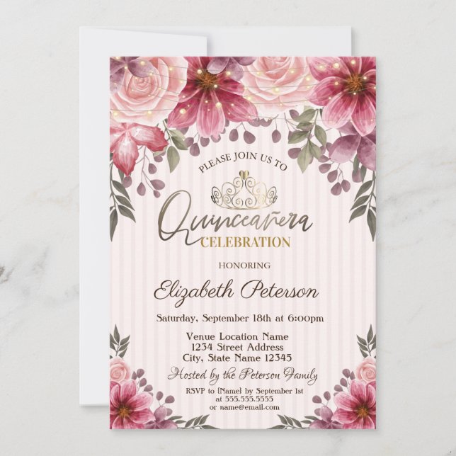 Convite Tiara, Luzes de Corda Flores Listradas Quinceañera (Frente)