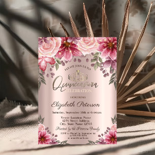 Convite Tiara, Luzes de Corda Flores Rosa Dourado Quinceañ