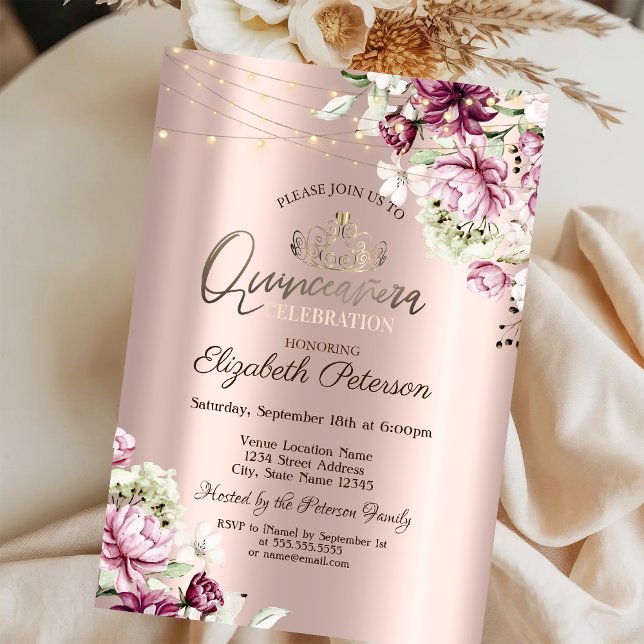 Convite Tiara, Luzes de Corda Flores Rosa Quinceañera (Criador carregado)