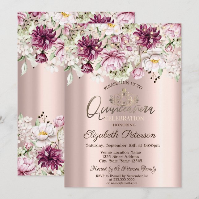 Convite Tiara, Luzes de Corda, Flores Rosa Quinceañera (Frente/Verso)