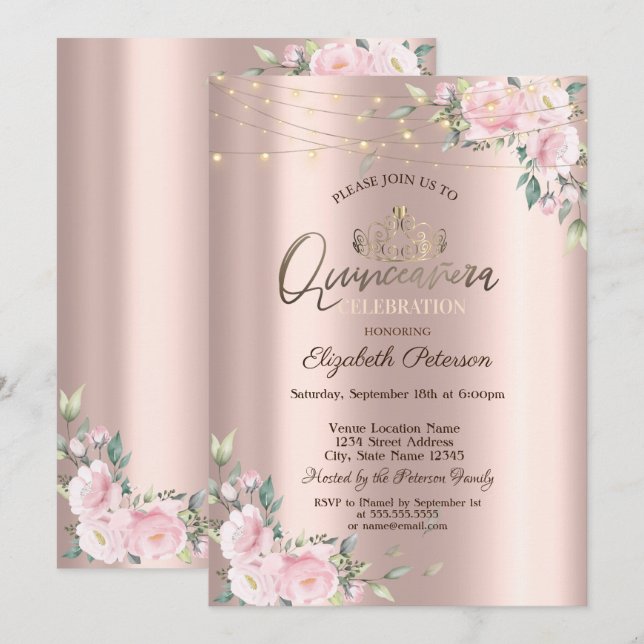 Convite Tiara, Luzes de Corda Flores Rosas Quinceañera (Frente/Verso)