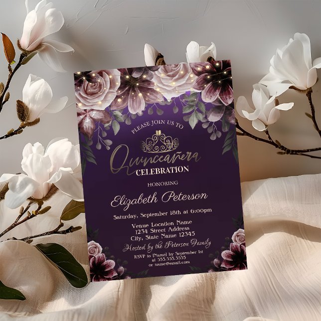 Convite Tiara, Luzes de Corda Flores Roxo Quinceañera (Criador carregado)