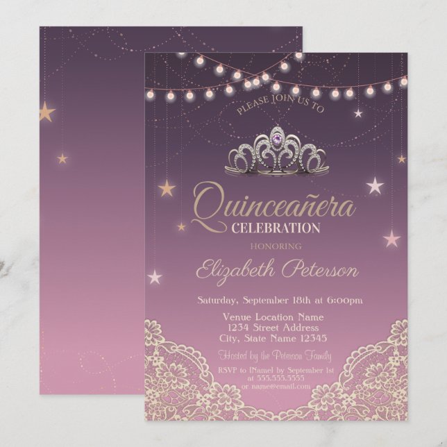Convite Tiara,Luzes de Corda,Renda Quinceañera (Frente/Verso)