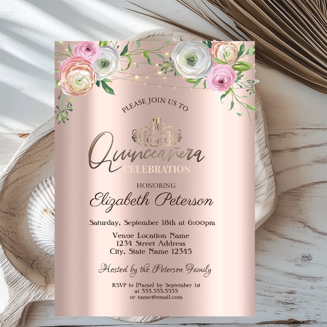Convite Tiara, Luzes de Corda Rosas Chic Quinceañera (Criador carregado)