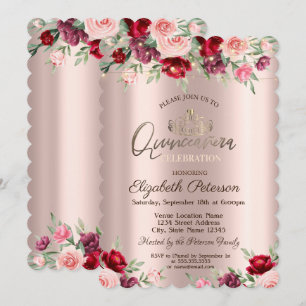 Convite Tiara,Luzes de Corda,Rosas, Quinceañera Dourado Ro
