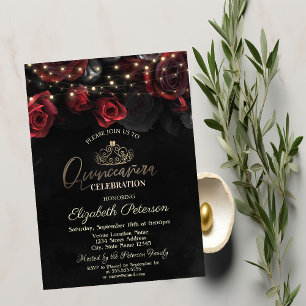 Convite Tiara,Luzes de Corda Rosas Quinceañera Preta