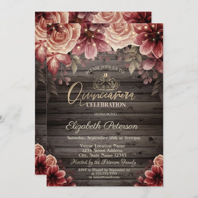 Convite Tiara, Luzes de Cordas Flores Madeira Quinceañera (Frente/Verso)