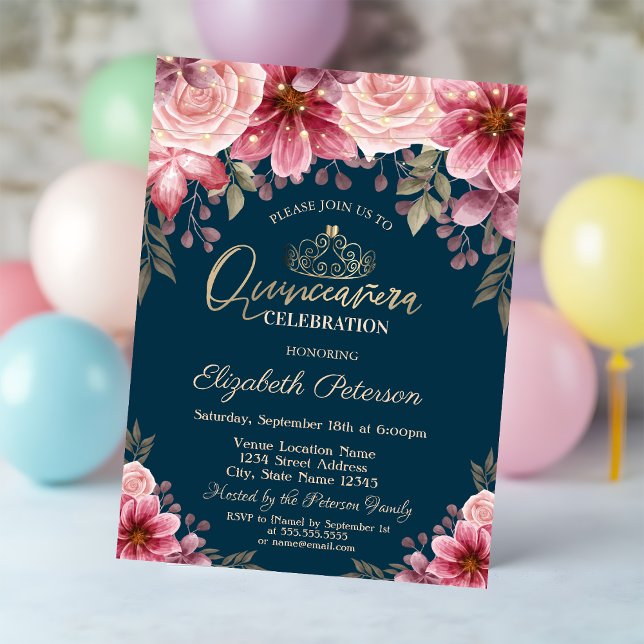 Convite Tiara, Luzes de Cordas Flores Marinho Quinceañera  (Criador carregado)