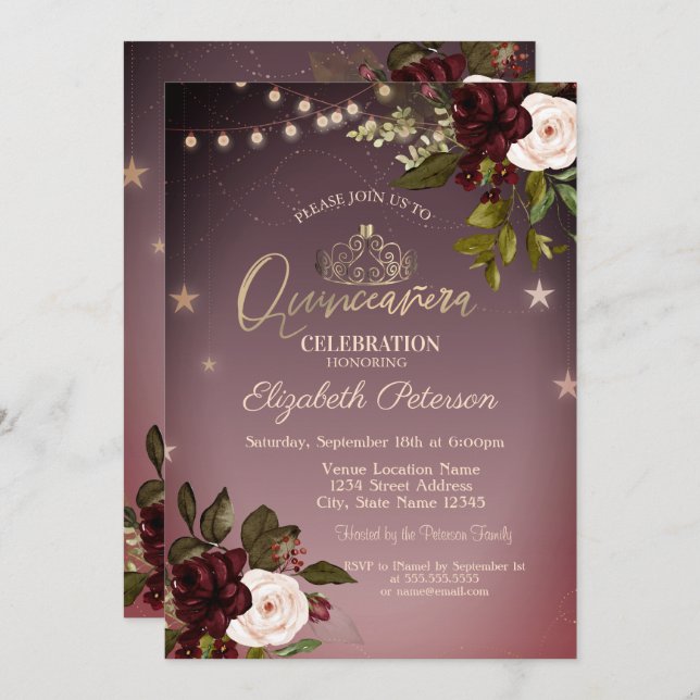 Convite Tiara,Luzes de Cordas,Rosas de Borgonha Quinceañer (Frente/Verso)