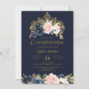Convite Tiara Marinho Blush Dourado Quinceanera