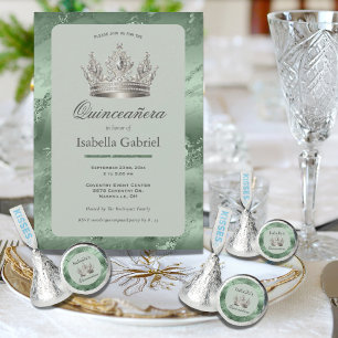Convite Tiara Metálica Verde Salvia Elegante Quinceañera