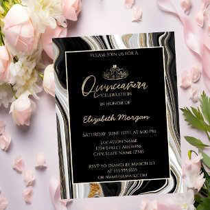 Convite Tiara Moderna Elegante Dourada, Mármore Preto Dour