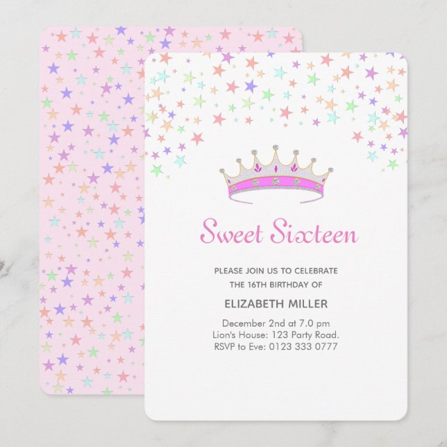 Convite Tiara Moderna & Estrelas Multicoloridas Sweet Sixt (Frente/Verso)