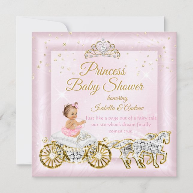 Convite Tiara para Chá de Bebê de Princesa Carruagem Rosa (Frente)