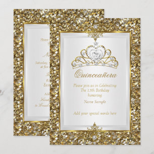 Convite Tiara Pérola Branca com Purpurina Dourada Quincean