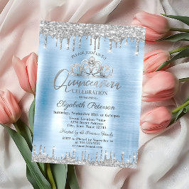 Convite Tiara, Pingentes de Brilho Prateado Azul Quinceañe