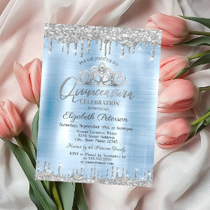Convite Tiara, Pingentes de Brilho Prateado Azul Quinceañe