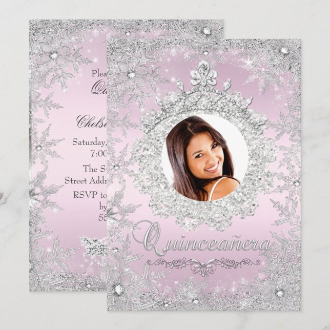 Convite Tiara Prata Rosa Floco de Neve Brilho Quinceanera (Frente/Verso)