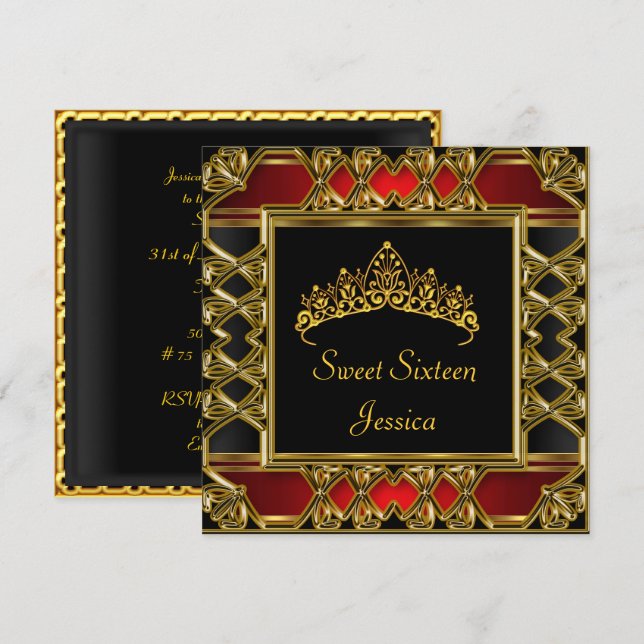 Convite Tiara Preto Vermelho Dourado Aniversário de 16 Ano (Frente/Verso)