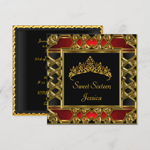 Convite Tiara Preto Vermelho Dourado Aniversário de 16 Ano