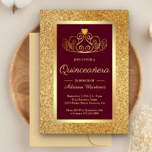 Convite Tiara Princesa Brilho Dourado Burgundy Quinceanera