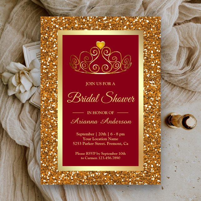 Convite Tiara Princesa Brilho Dourado Falso Vermelho Chuve (Criador carregado)