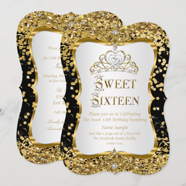 Convite Tiara Princesa Doce 16 Dourado Preto Branc (Frente/Verso)