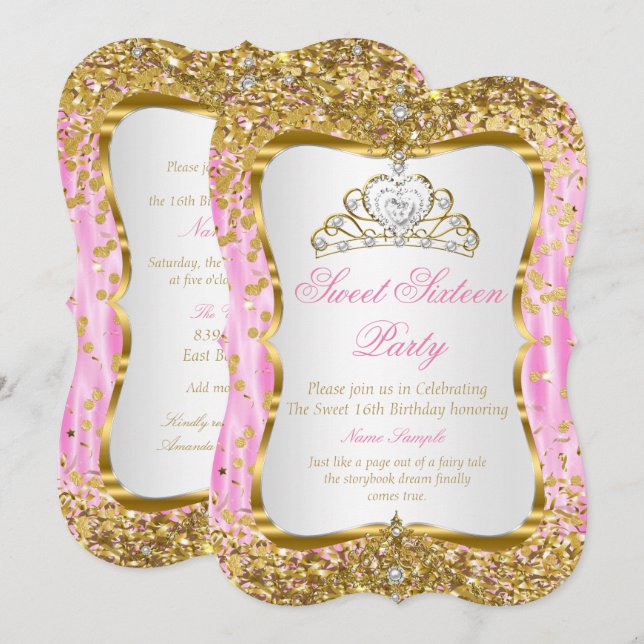 Convite Tiara Princesa Doce 16 Rosa Dourado Branco (Frente/Verso)