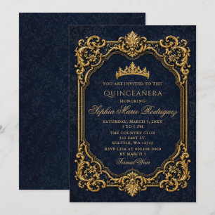 Convite Tiara Princesa Real Dourada Azul Quinceañera