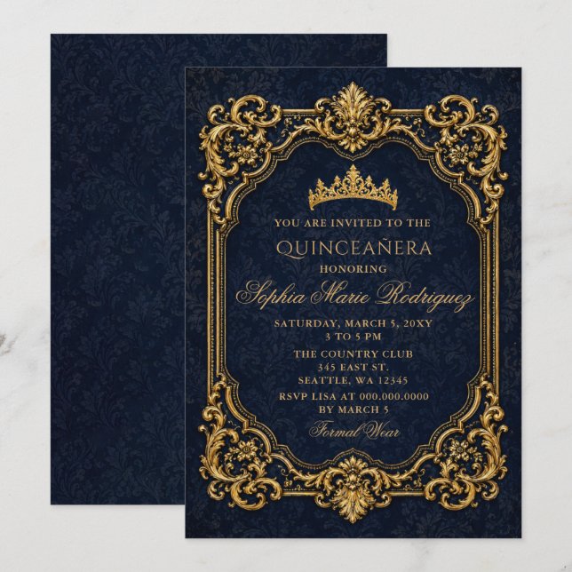 Convite Tiara Princesa Real Dourada Azul Quinceañera (Frente/Verso)