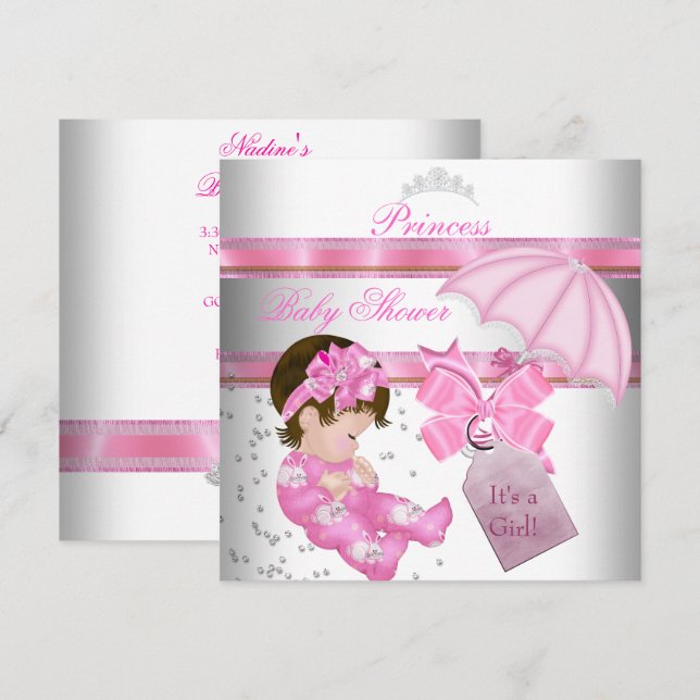 Convite Tiara Princesa Rosa Branca para Chá de Bebê Menina (Frente/Verso)