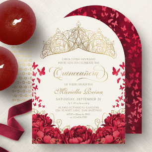 Convite Tiara Princesa Vermelho Dourado Elegante Quinceane