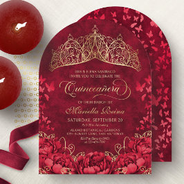 Convite Tiara Princess Red Dourada Elegante Quinceanera