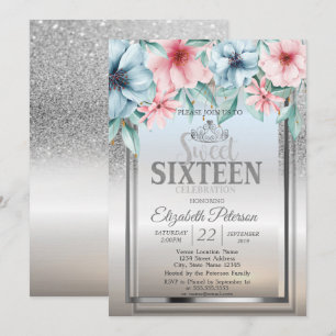 Convite Tiara, Quadro Brilho Prata Bokeh Floral Sweet 16