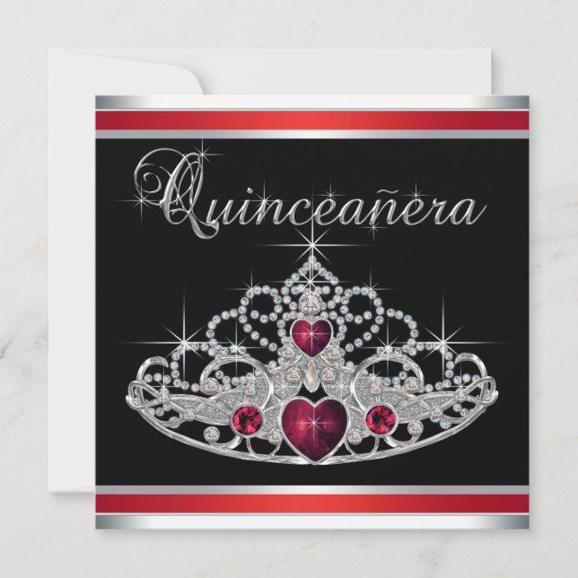 Convite Tiara Quinceanera branca-negra vermelha (Frente)