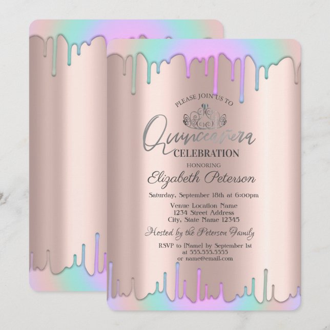 Convite Tiara,Quinceañera de gotas de arco-íris em rosa ou (Frente/Verso)
