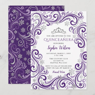 Convite Tiara Quinceañera Flocos de Neve Roxos Prata