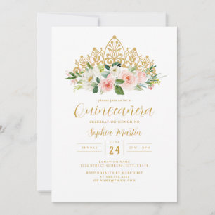 Convite Tiara Quinceanera Floral Rosa Dourada
