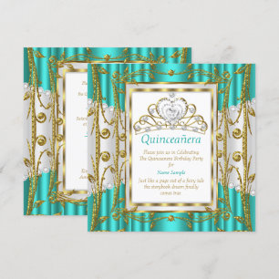 Convite Tiara Regal de Quinze Anos Teal Jade Dourado Branc