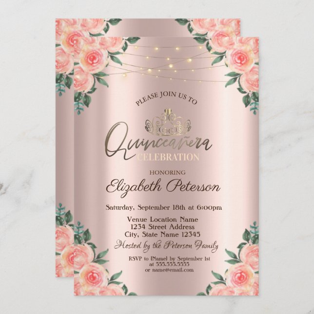 Convite Tiara, Rosa das Luzes das Cordas Quinceañera (Frente/Verso)