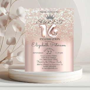Convite Tiara, Rosa Dourado Sweet 16 Brilho Bokeh Ombre Fe