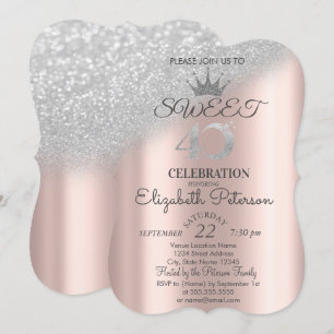 Convite Tiara, Rosa Dourado Sweet 40º Brilho Bokeh Ombre