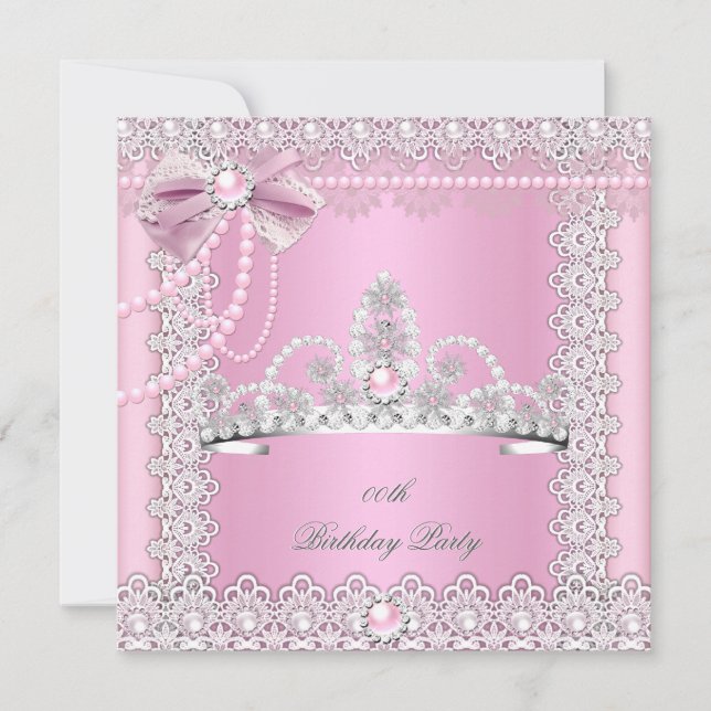 Convite Tiara Rosa Pérolas Brancas Laço de Renda Festa de  (Frente)