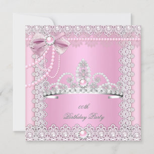 Convite Tiara Rosa Pérolas Brancas Laço de Renda Festa de 