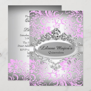 Convite Tiara Rosa Prata & Floral Glitter Quinceanera