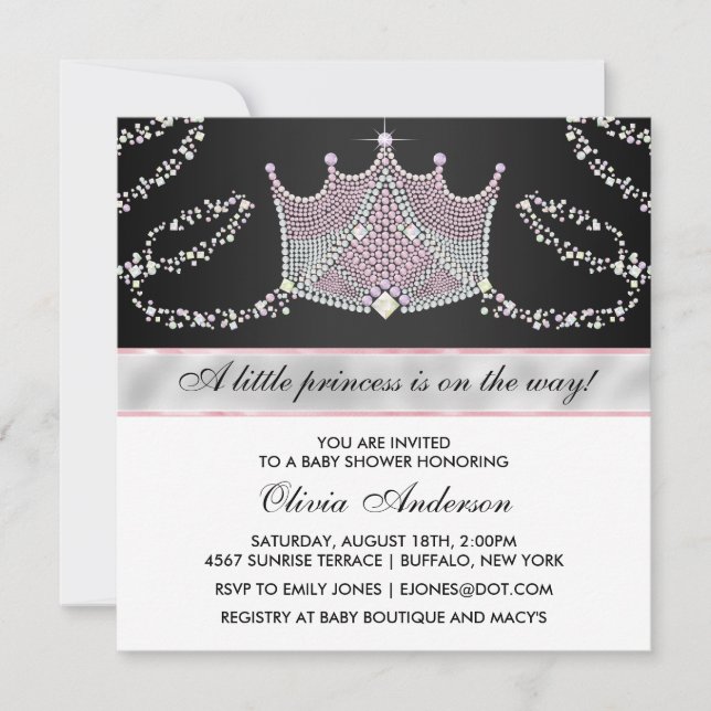 Convite Tiara Rosa Preta Menina Bebê Princesa Chás de Bebê (Frente)