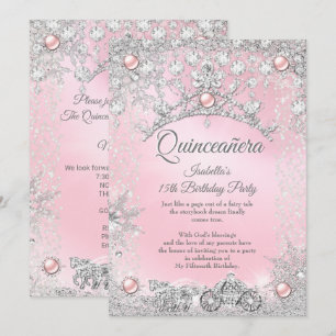 Convite Tiara Rosa Quinceanera Carruagem de Inverno dos 15