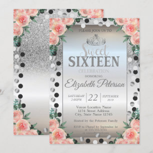 Convite Tiara,Rosa Silver Dots Doce 16 Partido